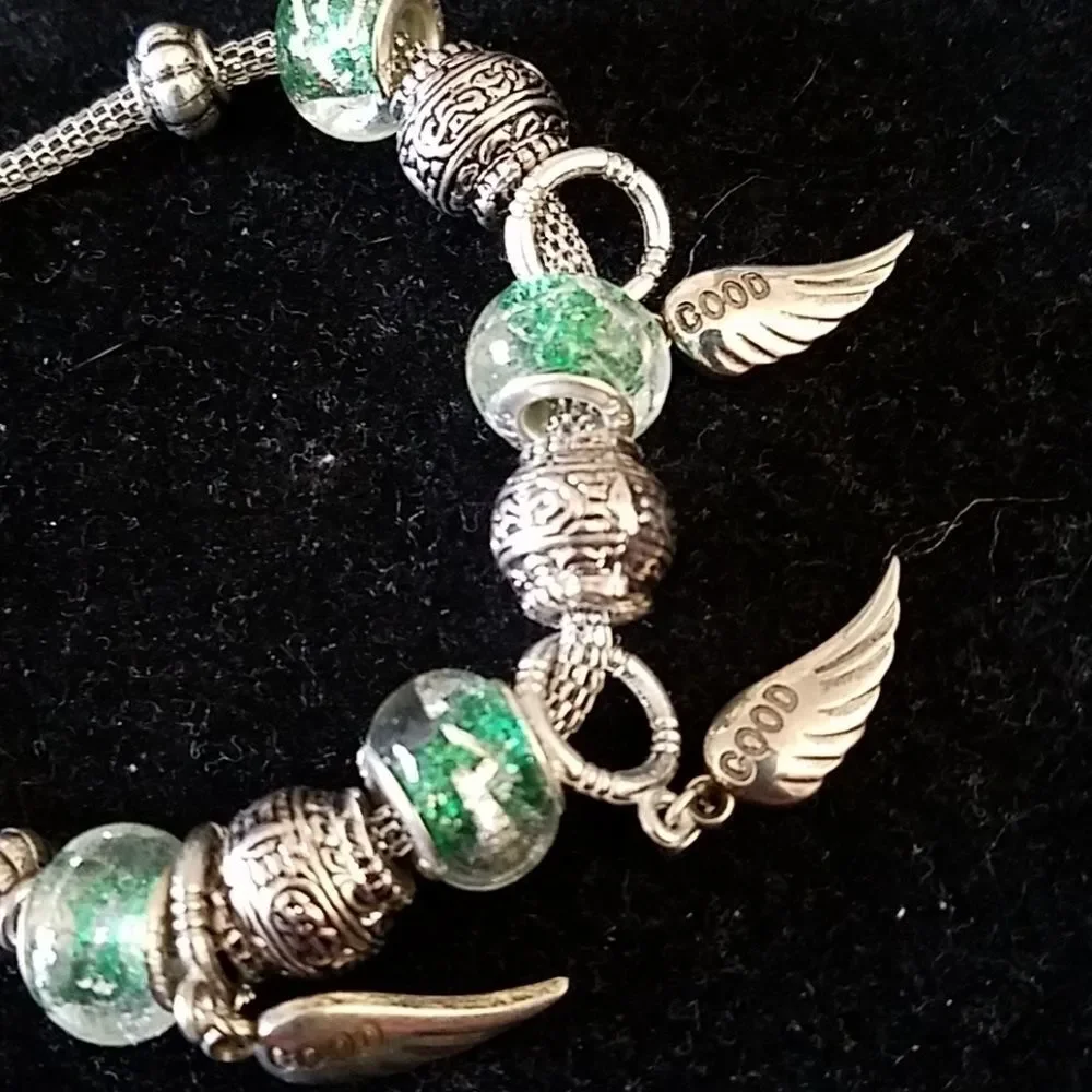 Silvertone Green Beaded Slide Bracelet Adjustable Fashion Jewelry